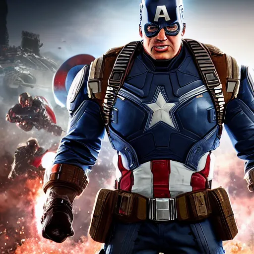 Image similar to portrait of donald trump as captain america in gears of war, splash art, maga, patriot, movie still, cinematic lighting, dramatic, glowing, ray tracing, octane render, long lens, shallow depth of field, bokeh, anamorphic lens flare, 8 k, hyper detailed, 3 5 mm film grain