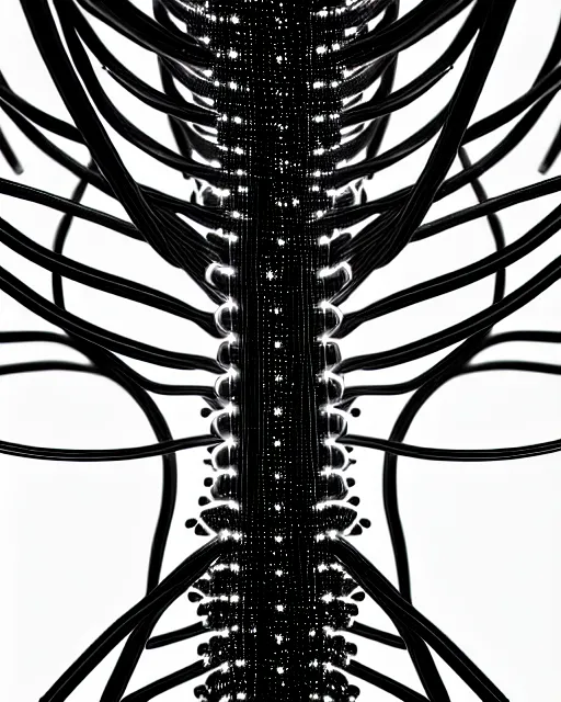 Prompt: black and white connected cyborg - plant goddess high quality photo, microchip, artificial intelligence, bio - mechanical bio - luminescence, black wired cables, neurons, nerve cells, cinematic, rim light, photo - realistic, elegant, high detail, 8 k, masterpiece, high fashion, in the style of man ray