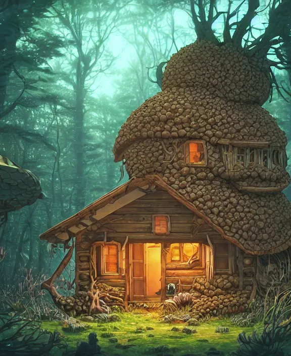 Image similar to a whimsical cabin made from isopods, overgrown with huge rare fungus, deep in the woods, by dan mumford, yusuke murata, makoto shinkai, ross tran, underwater, hellish, cinematic, unreal engine, cel shaded, featured on artstation, pixiv