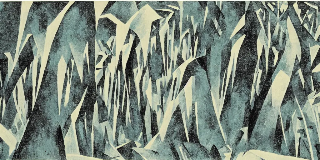 Prompt: The artwork by Aaron Douglas of the cinematic view of a forest of giant diatoms