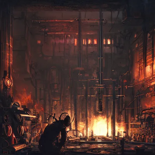 Image similar to adeptus mechanicus techpriest at a forge, by cedric peyravernay and feng zhu, highly detailed, excellent composition, cinematic concept art, dramatic lighting, trending on artstation