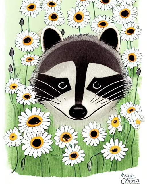 Image similar to a minimalist storybook illustration of a smiling happy cute raccoon wearing a flower crown of daisies and poppies, by antoine de saint - exupery and annabel kidston and naomi okubo and jean - baptiste monge. a child storybook illustration, muted colors, soft colors, low saturation, fine lines, white paper