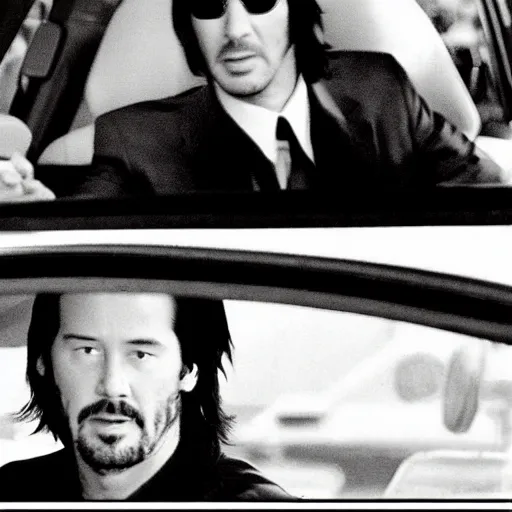 Prompt: keanu reeves is in the car being driven by sean connery. in the passenger seat is brad pitt. he looks like he is in deep concentration but is actually thinking about a woman