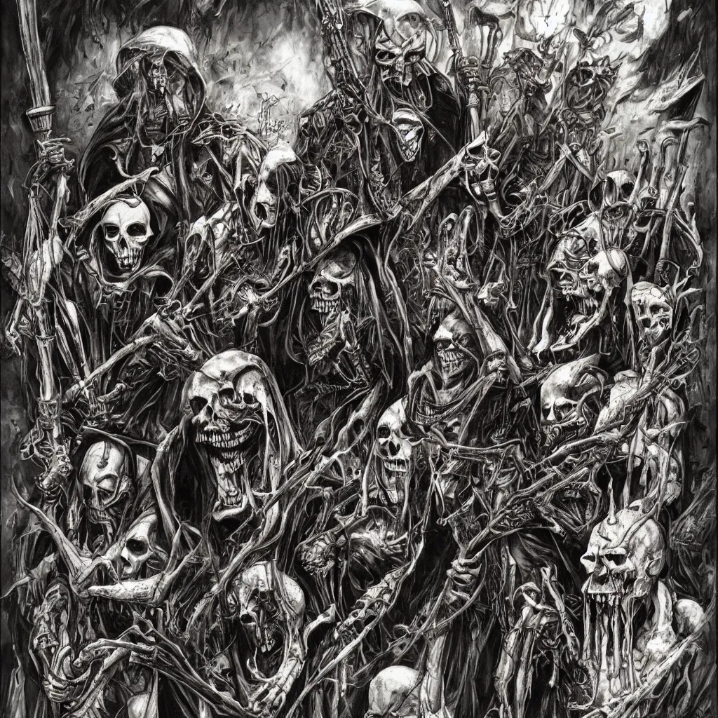 Image similar to judge death and vic rattlehead and the grim reaper by simon bisley and h.r. giger