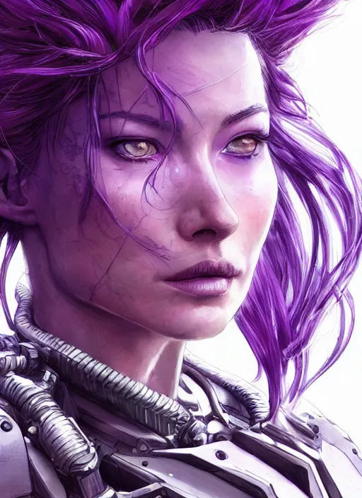 Image similar to close up portrait of a pale olivia wilde in sci - fi power armor with purple hair, powerful, domineering, stoic, masterful, intense, ultrafine hyperdetailed illustration by kim jung gi, irakli nadar, intricate linework, sharp focus, octopath traveler, yoji shinkawa, highly rendered, detailed, concept art