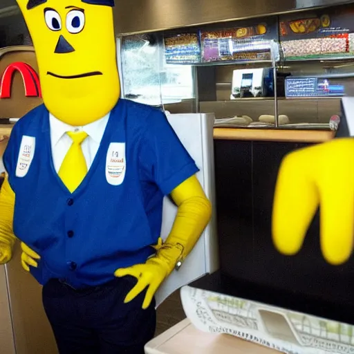 Prompt: anthropomorphic fruit lemon working at mcdonalds wearing mcdonalds uniform