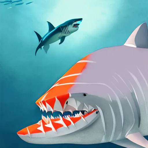 Prompt: great white shark tiger shark, side view, with a silver and orange striped traffic cone construction cone on its dorsal fin, ocean background detailed atmospheric - ron cheng & alphonse mucha, highly detailed, digital painting, ray tracing, concept art, illustration, smooth sharp focus, intricate, symmetry, artstation,