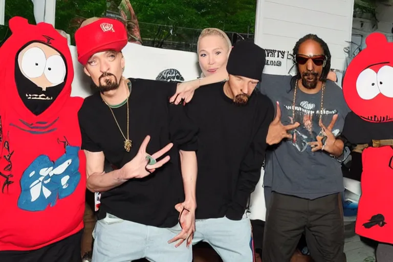 Prompt: crab people south park hyper-realistic photo meeting snoop dogg and eminem