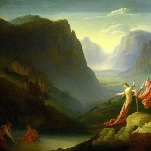 Prompt: ethereal god in a misty mountain valley, baroque painting