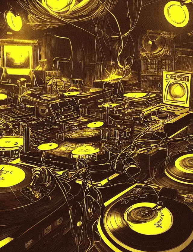 Image similar to “Artstation. A DJ playing records, crowd dancing wildly in a room full of electronic steampunk equipment with lots of electric wires and large tv screens and audio meters and voltage meters.. Bright spotlights and strobo lights. Dark, highly detailed. In a style of Mike Savad.”