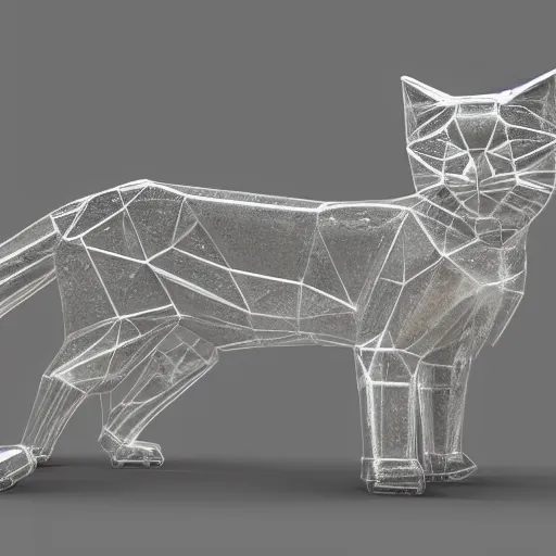 Prompt: slightly transparent Statue of a Cat made out of crystal, alot of big crystals pyramids , still photography, ray tracing, reflection, 3D Model, Unreal Engine 5, 4k Image