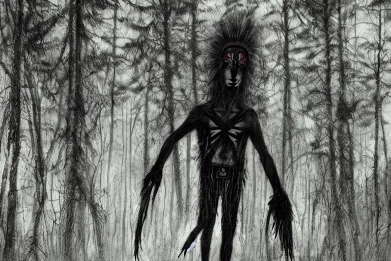 Image similar to mad native american skinwalker in grim forest artwork by ben templesmith