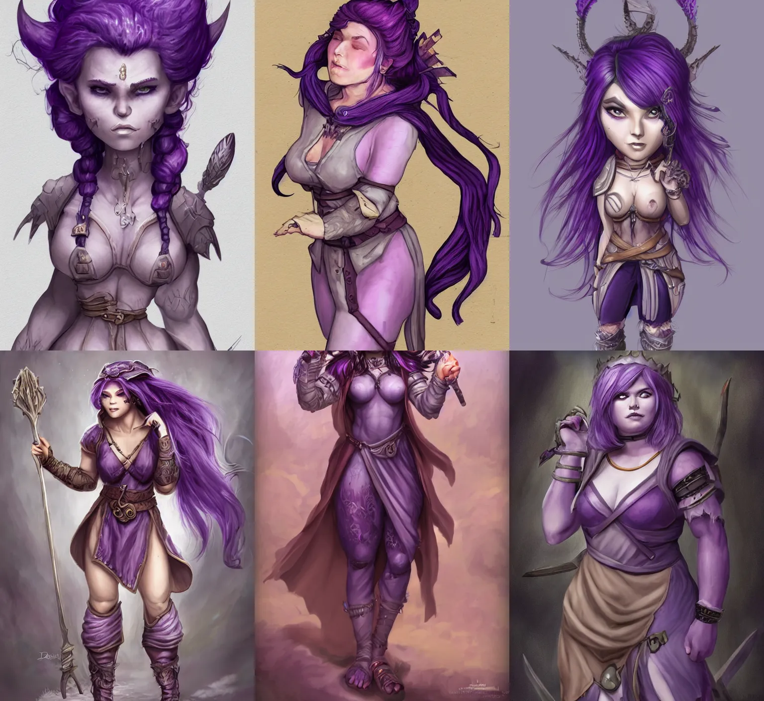 Prompt: a stocky woman with purple skin and purple hair in plain beige d & d clothing, fantasy art, extremely detailed, high quality,