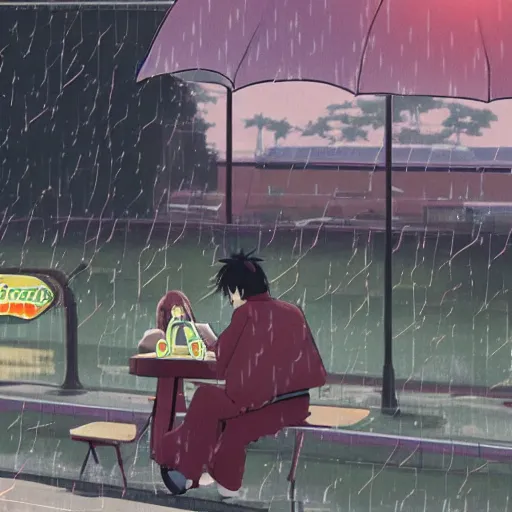 Prompt: eating a McDonald's burger in the rain, illustrated by Makoto Shinkai