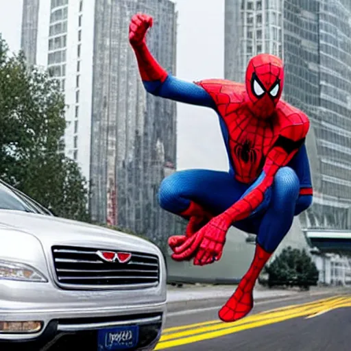 Image similar to Spiderman lift up a car, realistic photo