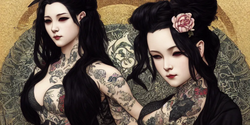 Image similar to portrait of a goth yakuza girl with tattoos, intricate, elegant, highly detailed, digital painting, artstation, concept art, smooth, sharp focus, illustration, art by artgerm and greg rutkowski and alphonse mucha and william - adolphe bouguereau