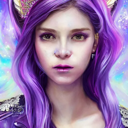 Prompt: A masterpiece portrait of a Incredibly beautiful. princess. Heroin chic beautiful Unicorn Fairy tale girl. The Candy Queen. Purple leather jacket. Candies in her hair. Pink background. medium shot, intricate, elegant, highly detailed. trending on artstation, digital art, by Stanley Artgerm Lau, WLOP, Rossdraws, James Jean, Andrei Riabovitchev, Marc Simonetti, Yoshitaka Amano