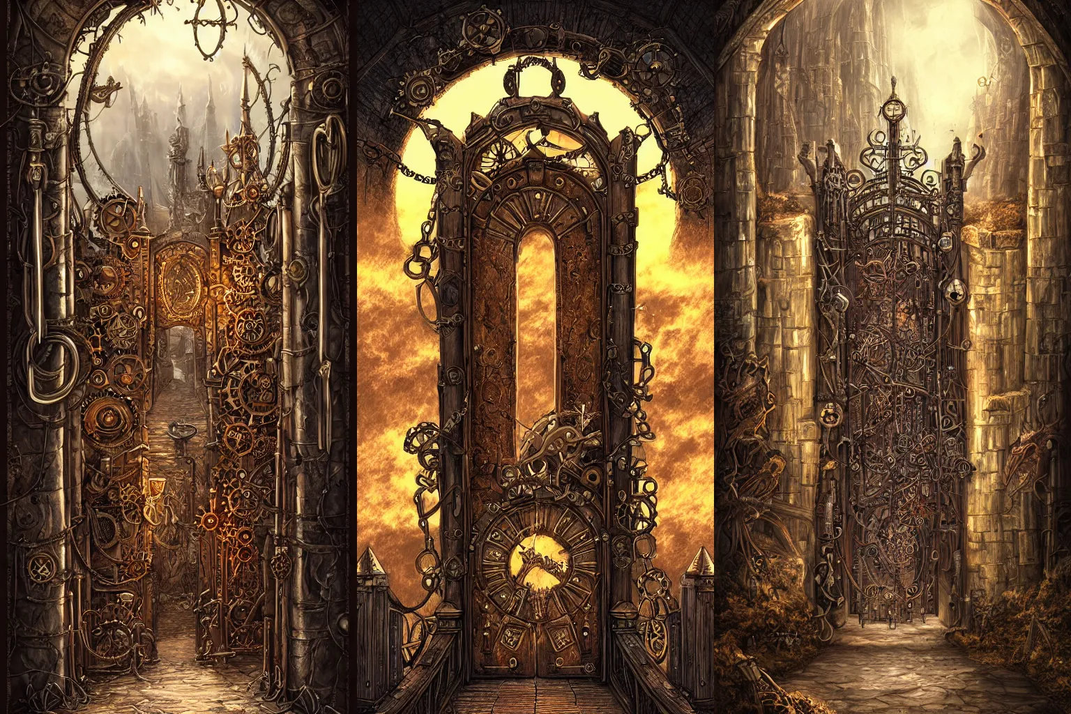 Prompt: The gate to the eternal kingdom of steampunk, fantasy, digital art, HD, detailed.