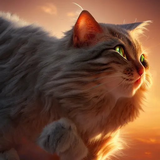 Image similar to colossal fluffy tabby cat going super saiyan, golden hour, fantasy, sharp focus, digital art, hyper realistic, 4 k, unreal engine, highly detailed, hd, dramatic lighting by brom, trending on artstation