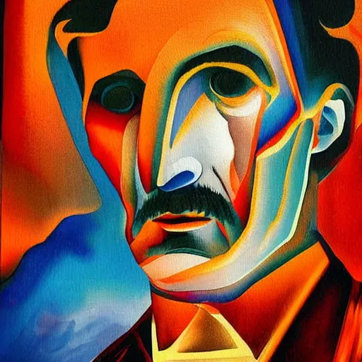 Prompt: an abstract painting of Nikola Tesla, lightning in the background, crazy