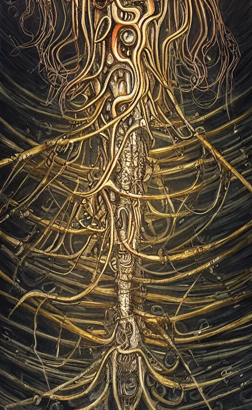 Prompt: beautiful painting of bone-masked rusty siphonophores around a balinese submerged architecture in the style of Welder Wings and H. R. Giger. Dark background, detailed, trending on Artstation