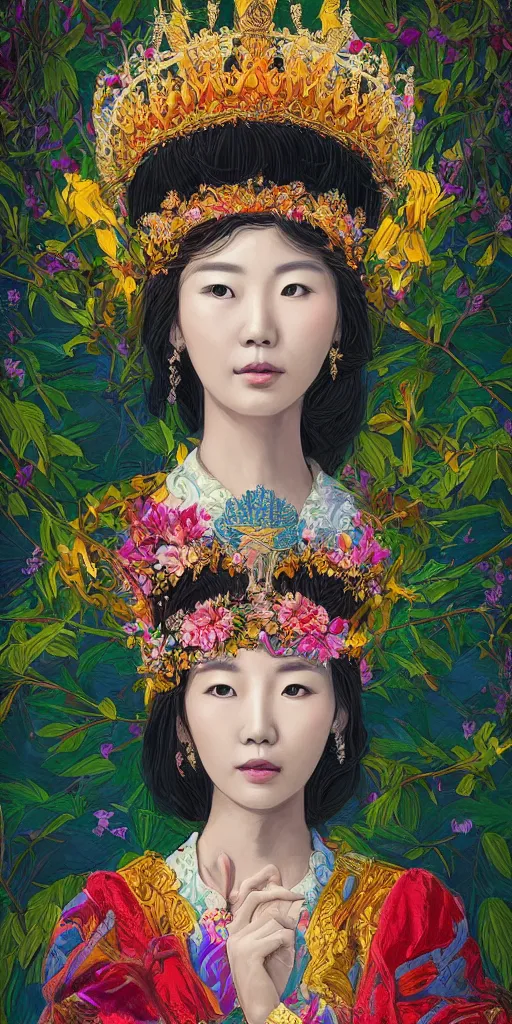 Image similar to highly detailed portrait of a korean queen, wearing a crown of flowers by roger dean and alena aenami