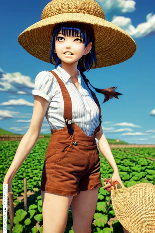 Prompt: mandragora farmer girl working on the sunny day, wearing a suspender and straw hat, artgerm, artstation, art by hiroaki samura and jiro matsumoto and yusuke murata, fantasy, box office hit, movie poster, unreal engine, octane render, sharp focus, high quality, highly detailed 8 k