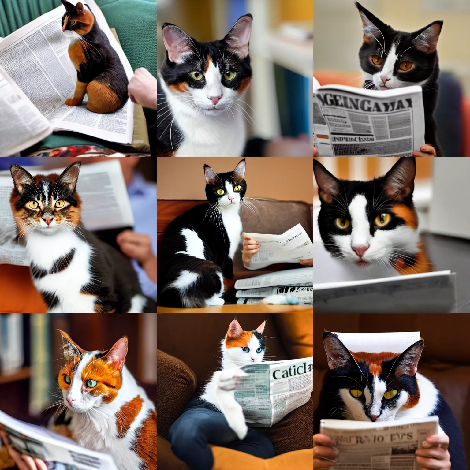 Prompt: a calico cat reading the news