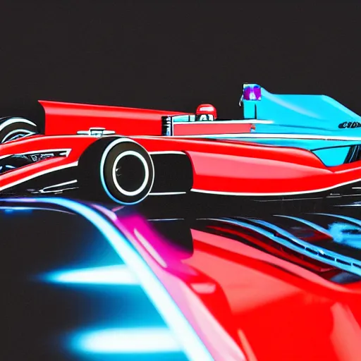 Prompt: detailed photo of a synthwave formula one car, 8 k.