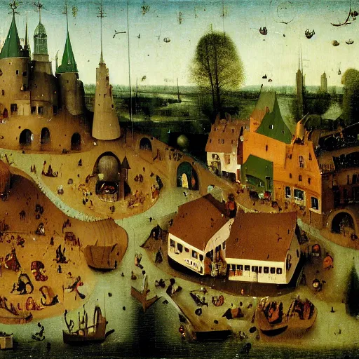 Image similar to santas village by hieronymus bosch, isometric view, whimsical, colorful,