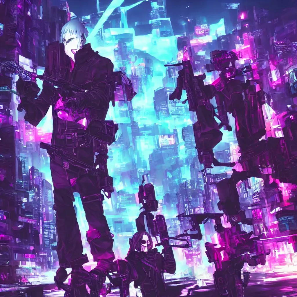 Image similar to Reaper (The World Ends With You) holding gun, cyberpunk aesthetic, city skyline on background, neon lights, glow, retrowave style