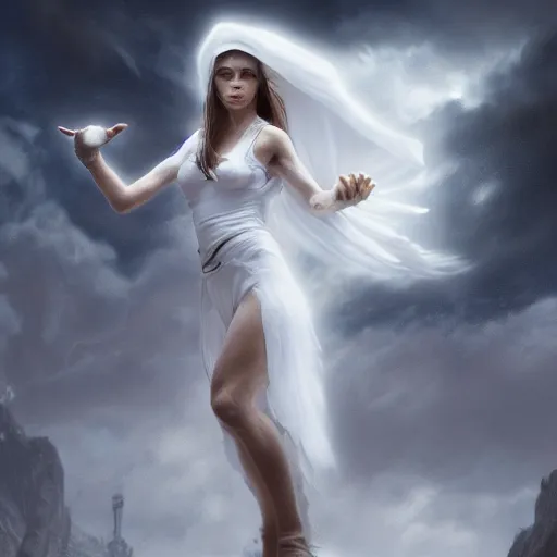 Image similar to white female dancing goat weared with white veils, matte painting, cinematic, epic composition, detailed, atmospheric, wide angle, artstation trending