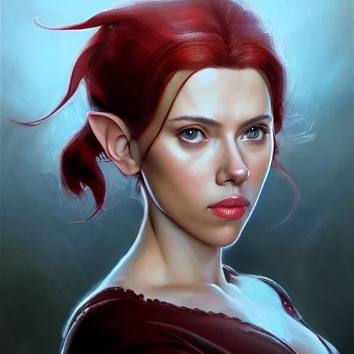 Prompt: a movie still frame, of scarlett johansson as a female elf, oil on linen, beautiful painting, by tooth wu, artgerm, fantasy concept art portrait, by bayard wu, trending on artstation,