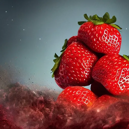 Prompt: huge strawberries fall to earth, apocalypse, 4 k, 8 k, trending on artstation