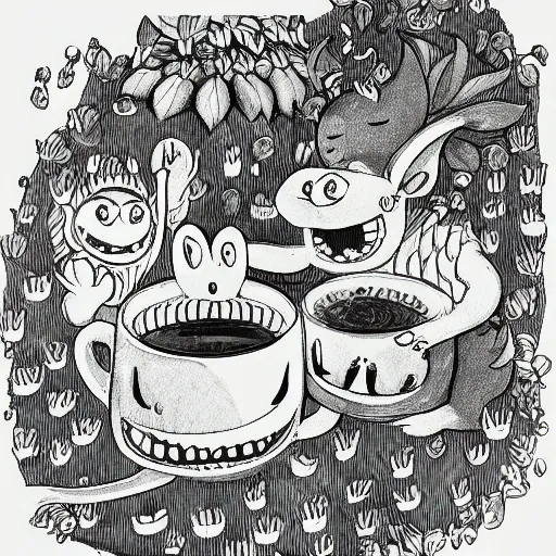 Prompt: highly detailed illustration of friendly monsters laughing and dancing around beautiful steaming cups of coffee, amongst coffee beans and flowers, and rainbows in the style of Japanese illustration, Maurice Sendak, Tove Jansson
