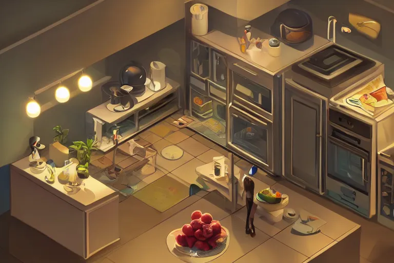 Image similar to cute kitchen, refrigerator, sink, isometric art, bright, artstation, highly detailed, cinematic lighting + masterpiece