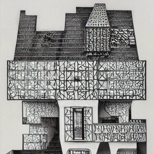 Image similar to impossible penrose house by M.C. Escher, painting with intricate details, black and white