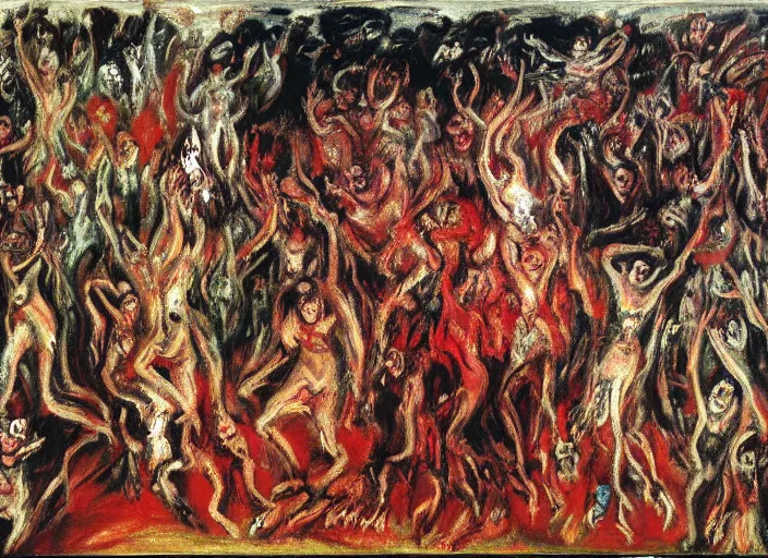 Image similar to mosh pit full of demons and beautiful women in hell ’ s nightclub, sfumato abstract oil on canvas, by rothko, by jackson pollock, by monet