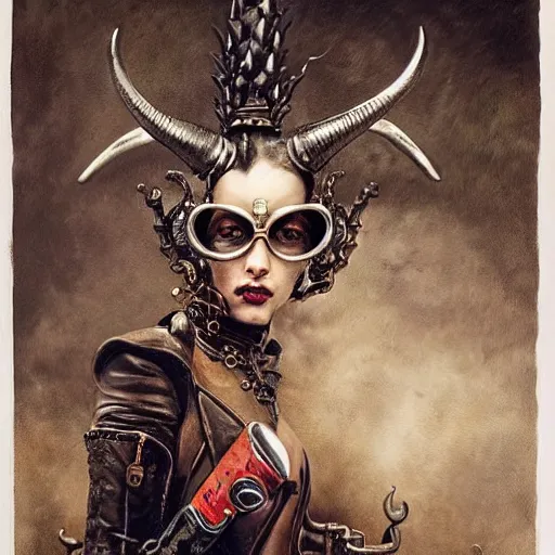 Prompt: a hyperrealistic portrait painting of a beautiful woman with demonic horns wearing steampunk goggles and ornate leather armor, holding a hi - tech weapon, by santiago caruso, highly detailed,