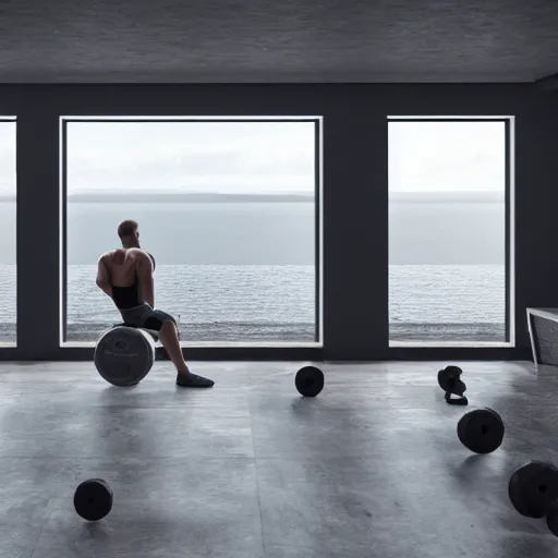 Image similar to brutalist workout gym, big windows, showing sea landscape on background, minimalist architecture, gym furniture, octane render, high quality, 8 k, post production