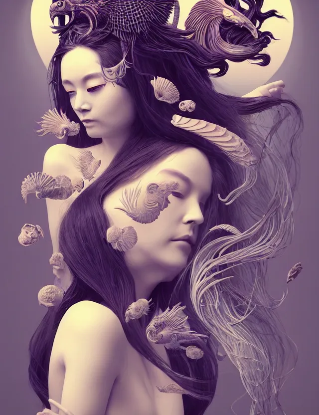 Image similar to 3 d goddess half - turn portrait with long hair with ram skull. beautiful intricately detailed japanese crow kitsune mask and clasical japanese kimono. betta fish, jellyfish phoenix, bio luminescent, plasma, ice, water, wind, creature, artwork by tooth wu and wlop and beeple and greg rutkowski