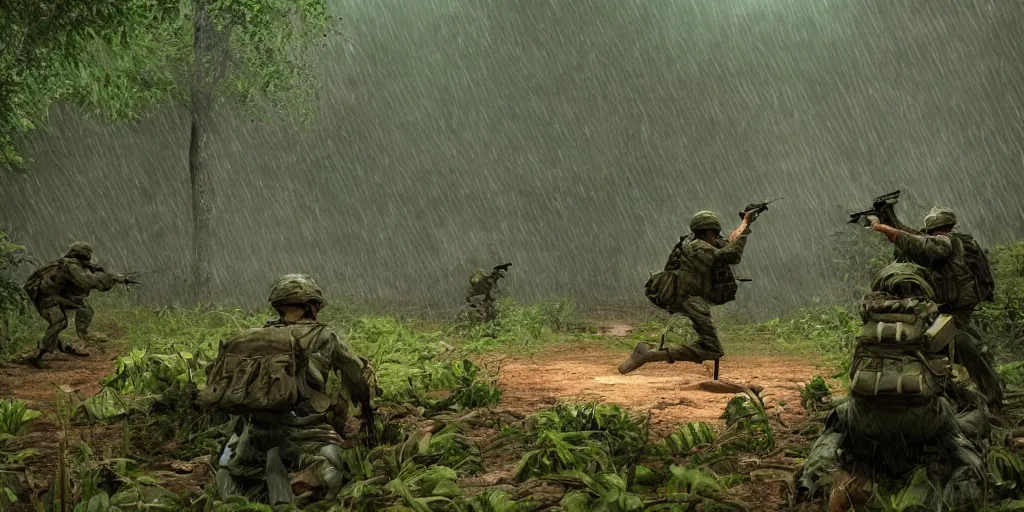 Image similar to A photo of 1960\'s US soldiers shooting at an eldritch monster in the jungle during a thunderstorm. highly detailed, cinematic lighting, 8k