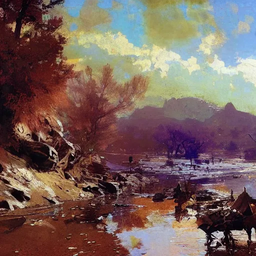 Image similar to earthy by frederic remington, by wadim kashin. the computer art is of a small village with a river running through it. in the distance, there are mountains. the sky is clear & the sun is shining.