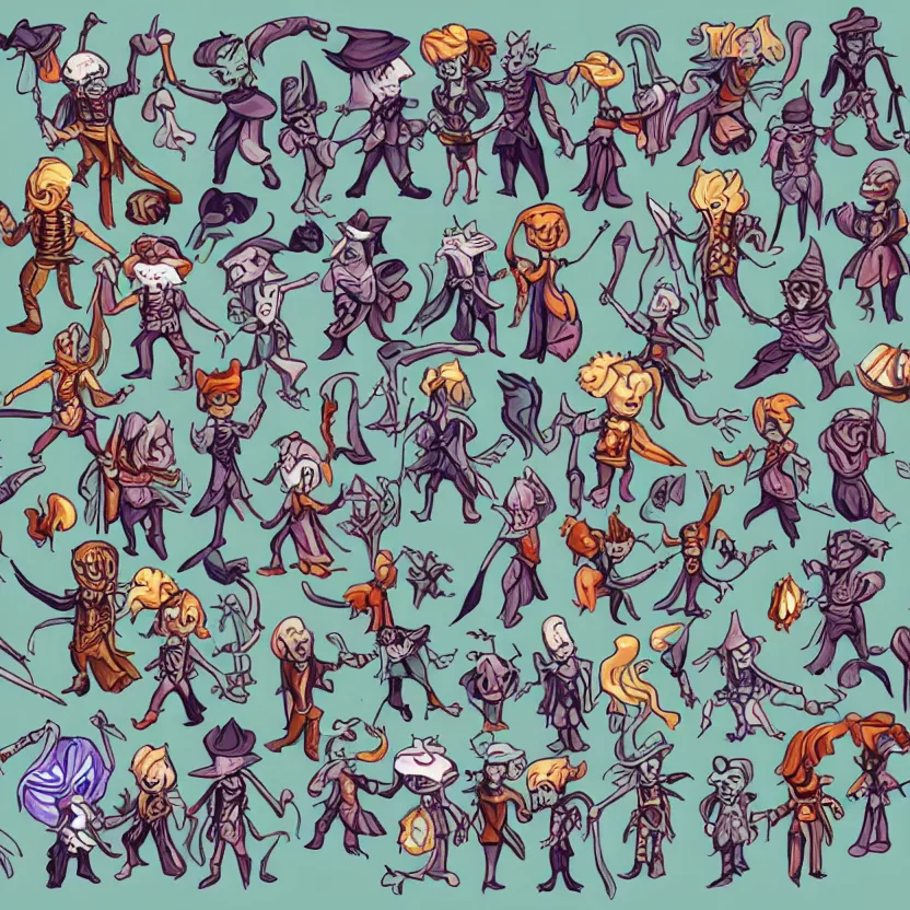 Prompt: set of characters'sprites, containing a cute wizard and skeleton enemies of different magic types, colored lineart from