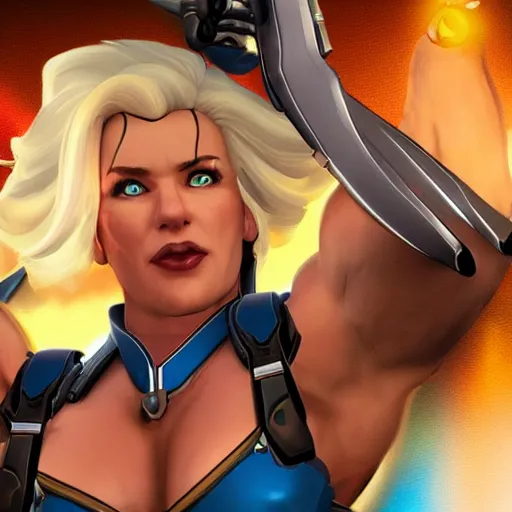 Image similar to a screenshot of arnold schwarzenegger as mercy in overwatch