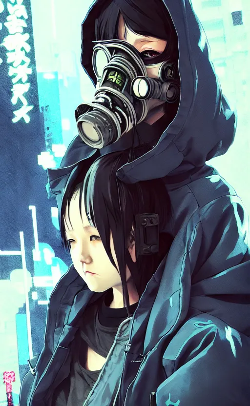 Image similar to cyberpunk anime girl in hoodie, cyberpunk gas mask, 3 / 4 shot, street night, grafity, beautiful face, grafity, arcane, action, tokyo street, detail, good face, pose model, concept art, in style of yoji shinkawa, pan ren wei, col price, atey ghailan, by greg rutkowski, aesthetic