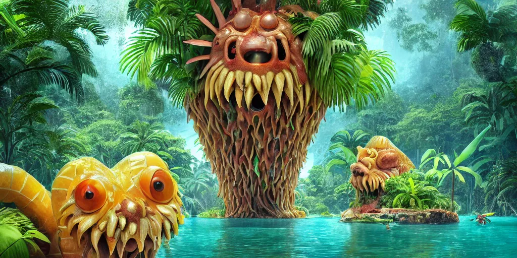 Image similar to of a tropical rainforest lake with strange cute friendly happy creatures with huge eyes, mouth, long tongue, round teeth and goofy face, appearing from the water, in the style of gehry and gaudi, macro lens, shallow depth of field, ultra detailed, digital painting, trending artstation, concept art, illustration, cinematic lighting, photorealism, epic, octane render