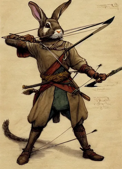 Image similar to a heroic rabbit archer with bow and arrow on a parchment background, redwall, greg rutowski and jean baptiste monge, detailed, epic fantasy concept art