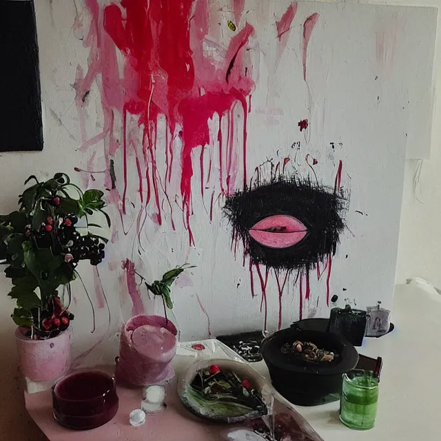 Image similar to “ a portrait in a female art student ’ s apartment, sensual, a pig sculpture work in progress, art supplies, paint tubes, ikebana, herbs, a candle dripping white wax, black walls, squashed berries, berry juice drips, acrylic and spray paint and oilstick on canvas, surrealism, neoexpressionism ”