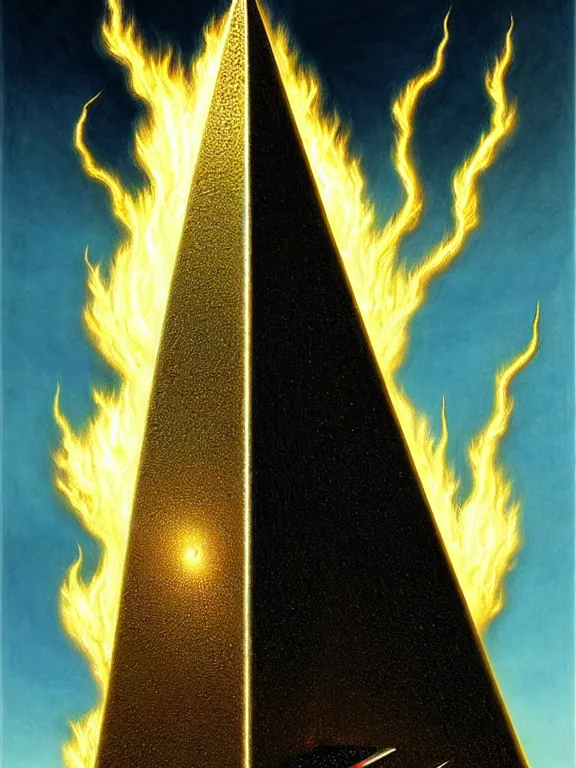 Prompt: savage electric flames of gold and silver engulfing an obsidian obelisk by ed emshwiller and karol bak, rococo, smoky, highly detailed, hyperrealistic, energy, low light, high contrast, bright sky